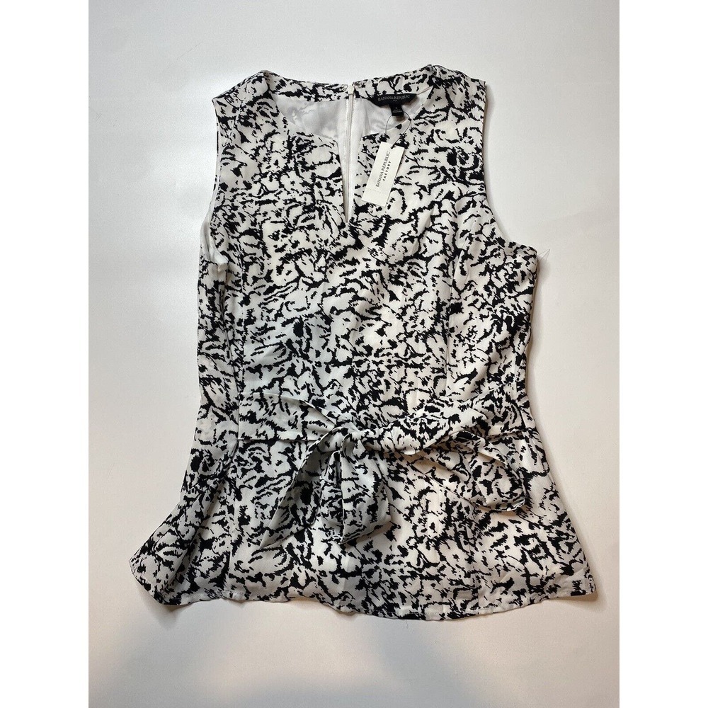 New Banana Women’s 4 Tie Front Abstract Sheer White Black Blouse Sleeveless